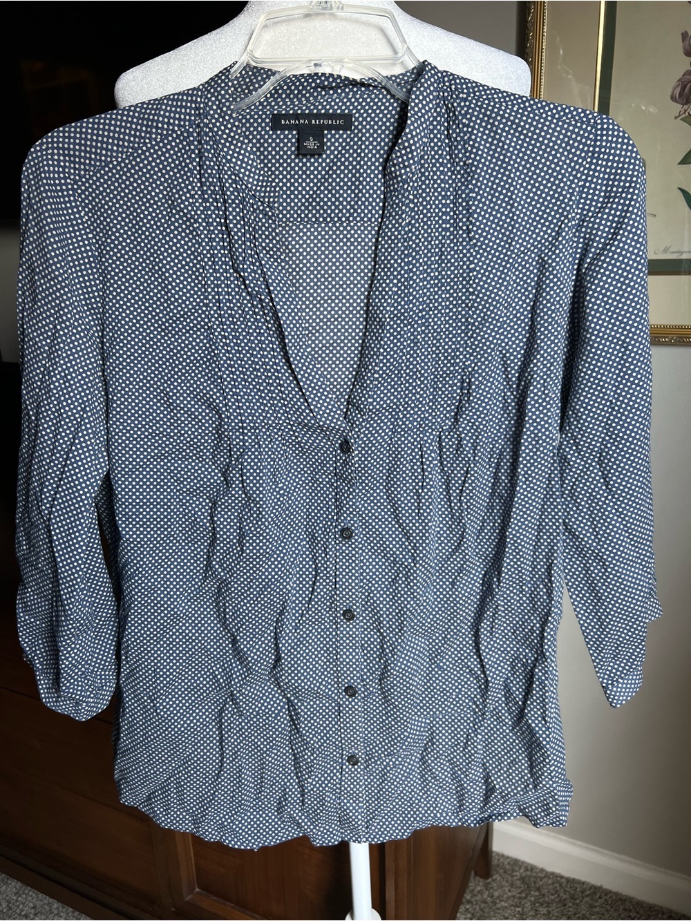 Banana Republic Navy and White Polka Dot Button-Down Blouse